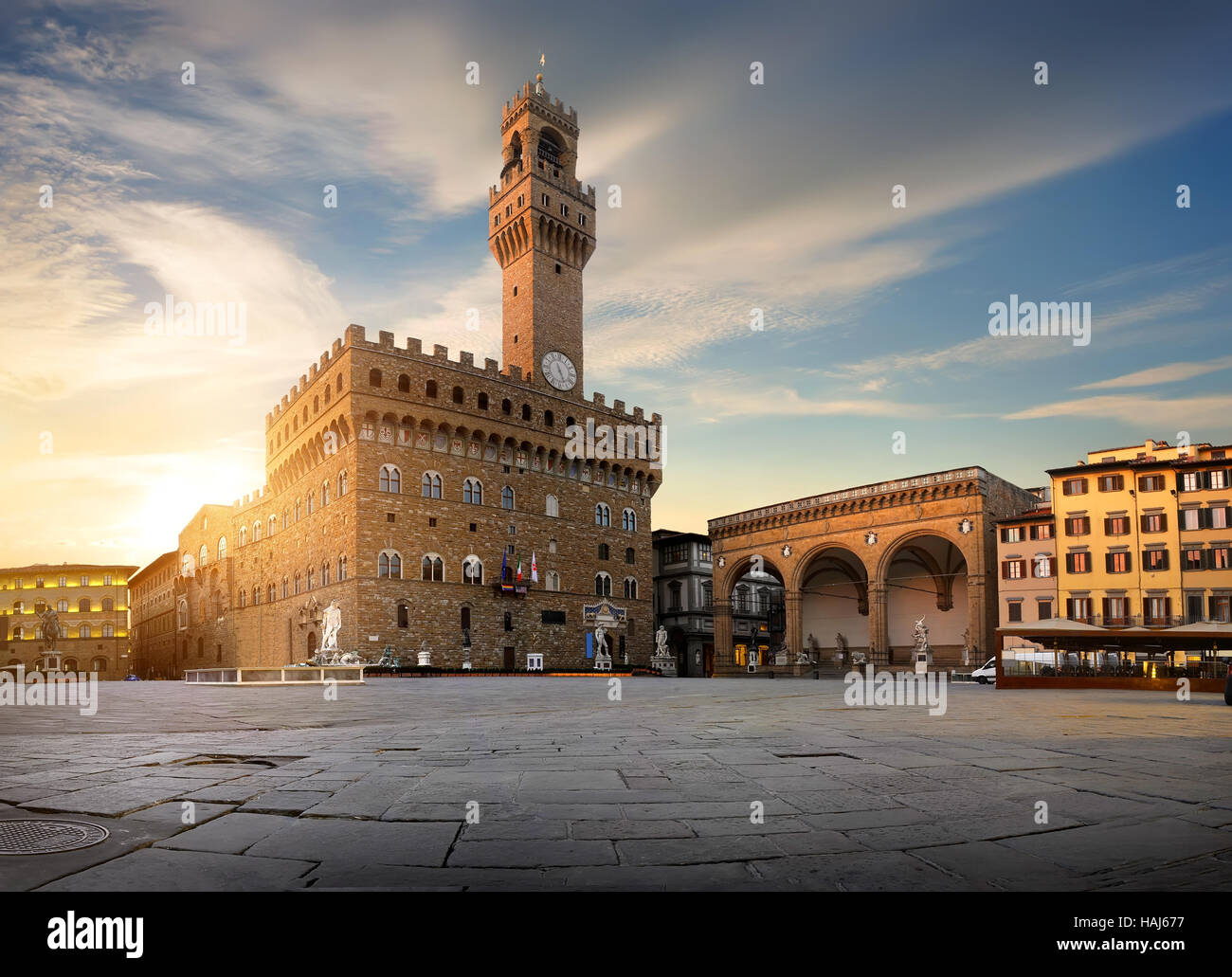 Platz der Signoria in Florenz bei Sonnenaufgang, Italien Stockfoto