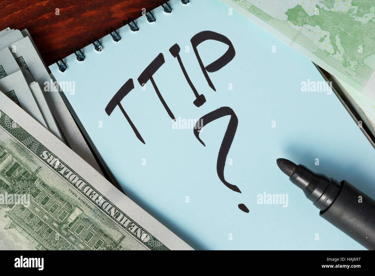 TTIP in einer Notiz geschrieben. Transatlantische Handels- und Investitionspartnerschaft Konzept. Stockfoto
