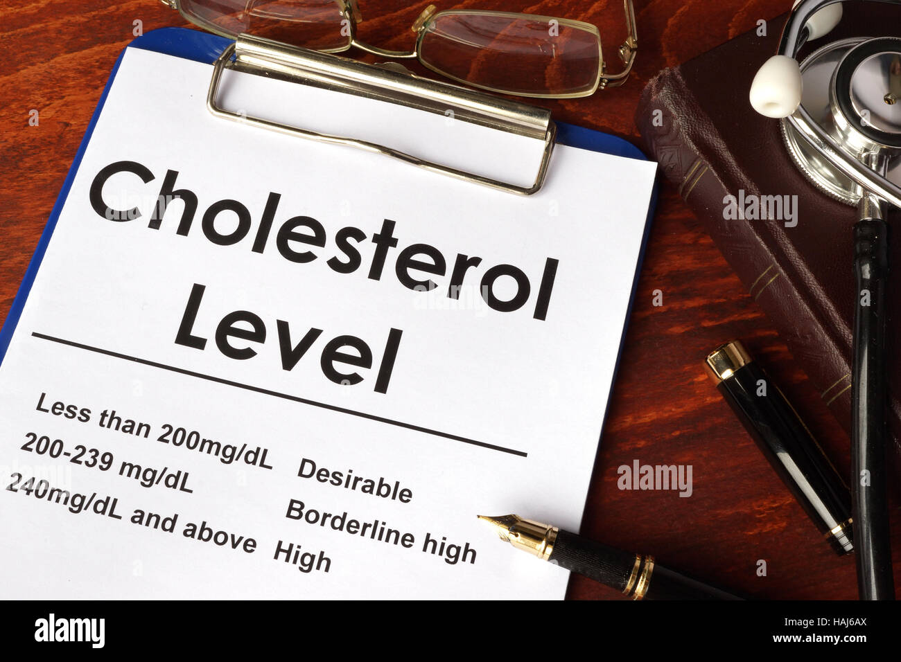 Cholesterin-Ebene Diagramm auf einer Tabelle. Medizinisches Konzept. Stockfoto