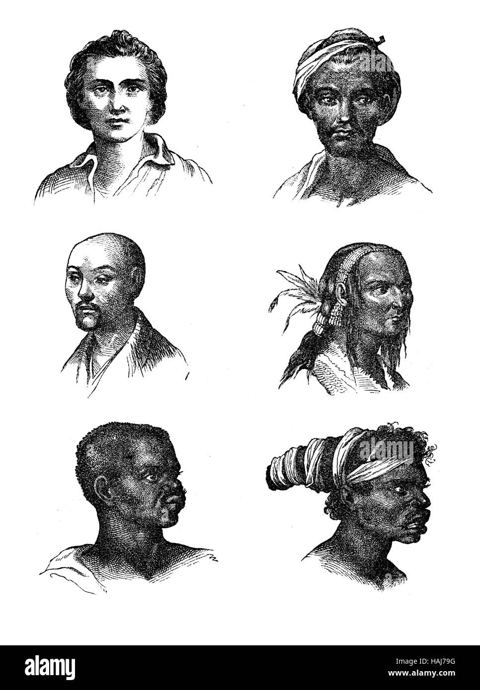 Vintage Gravur repräsentieren die menschlichen Rassen somatische Vielfalt, Darstellung des XIX. Jh. Stockfoto