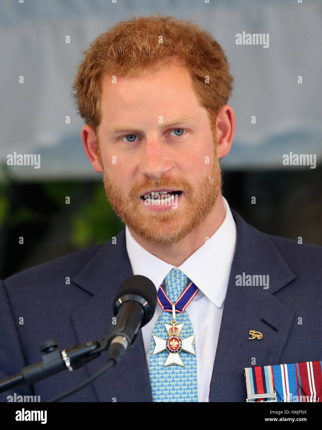 Prinz Harry spricht bei einem Toast der Nation-Veranstaltung in Bridgetown, Barbados, des Landes 50. Jahrestag der Unabhängigkeit, während seiner Tour der Karibik. Stockfoto