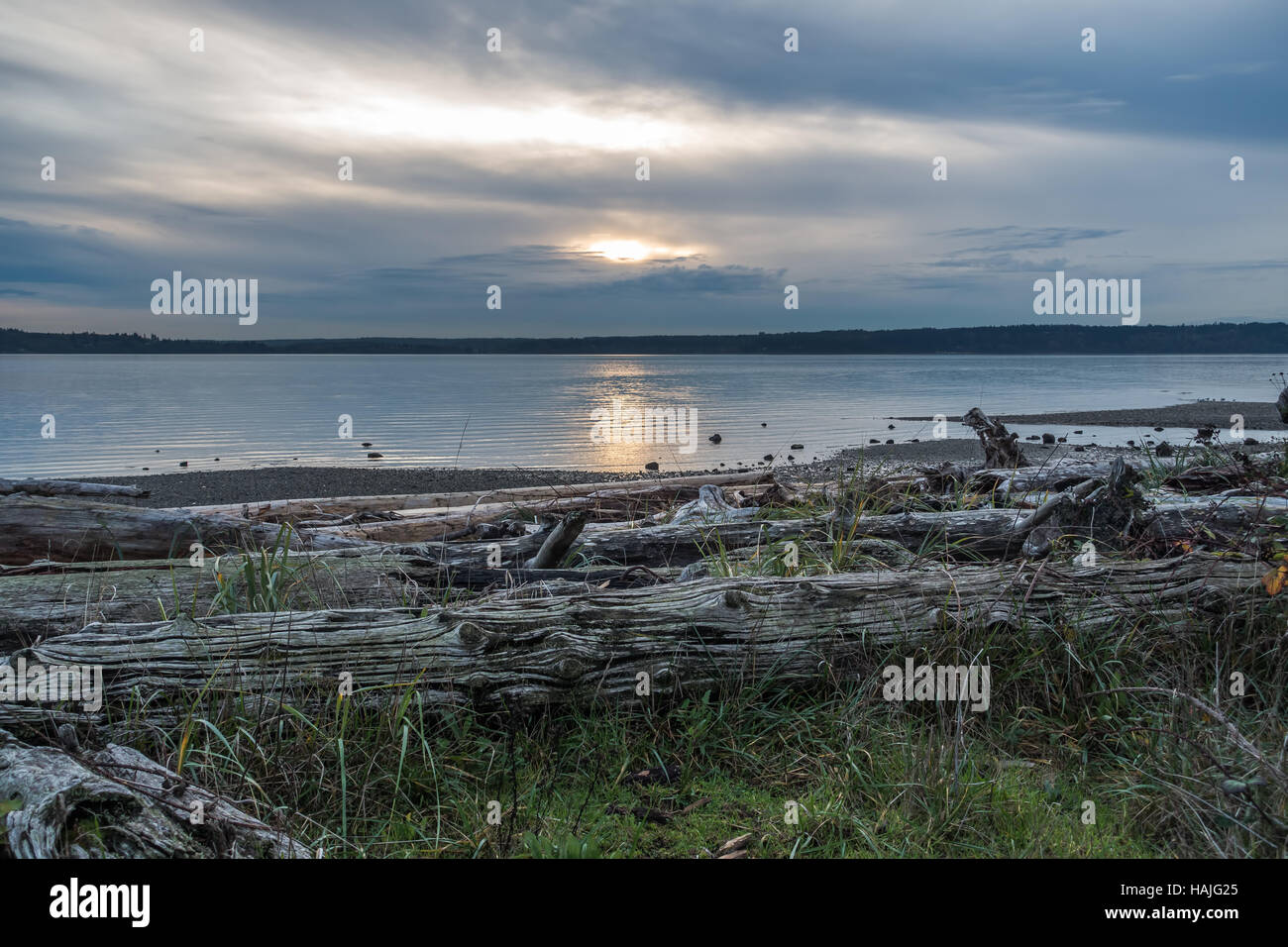 Das Wasser des Puget Sound ist ruhig an einem bewölkten Tag. Stockfoto