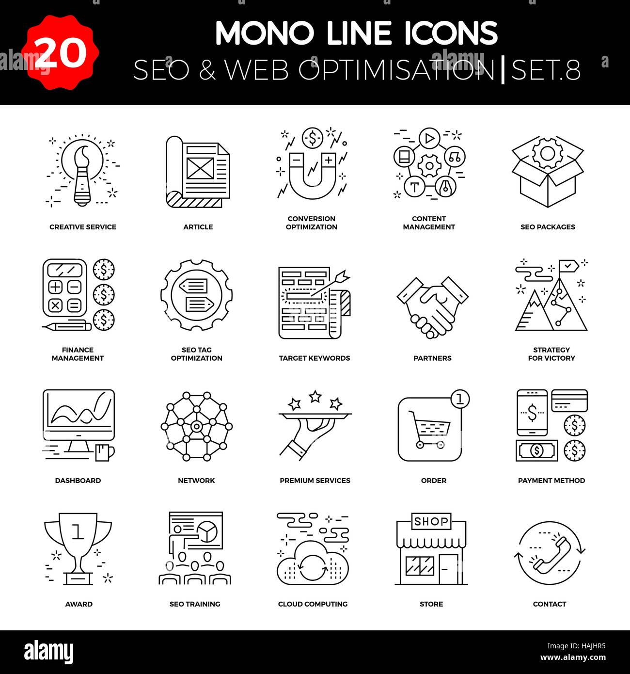 Dünne Linie Icons Set von Suchmaschinen-Optimierung, Website und APP-Design und Entwicklung. Einfache Mono Line Piktogramm Pack. Schlaganfall-Vektor-Logokonzept Stock Vektor