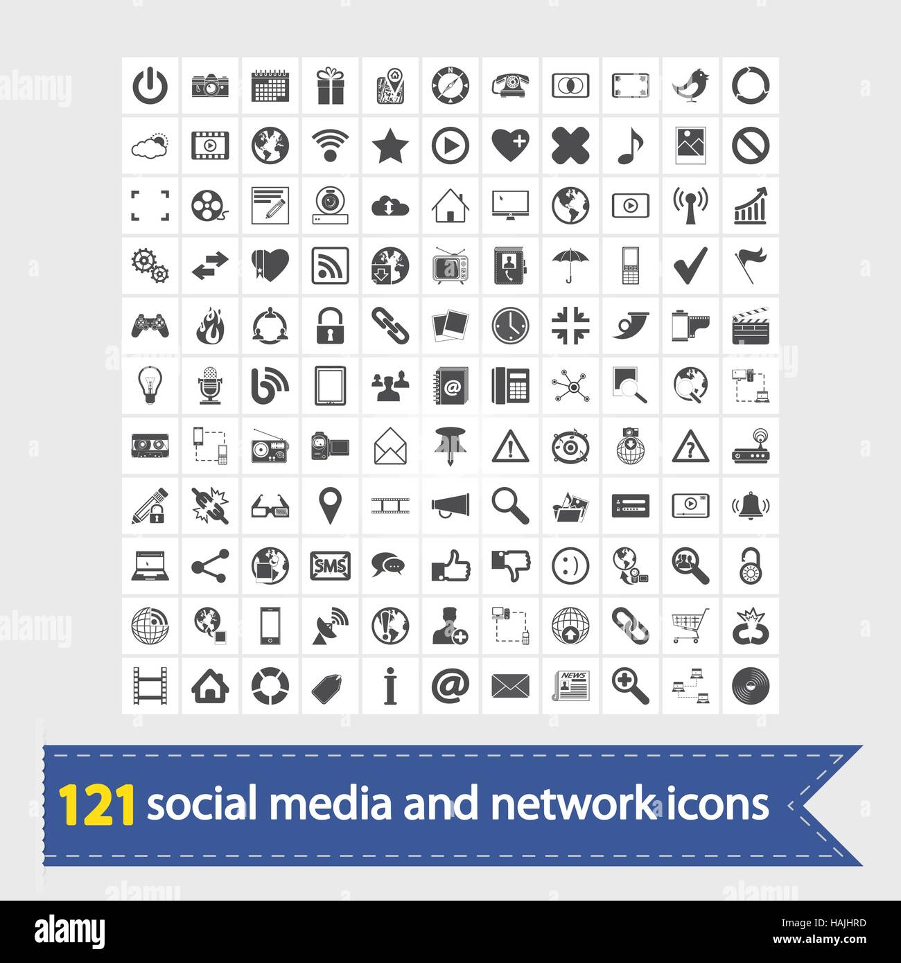121 social Media und Netzwerk-Icons. Vektor-Illustration. Stock Vektor