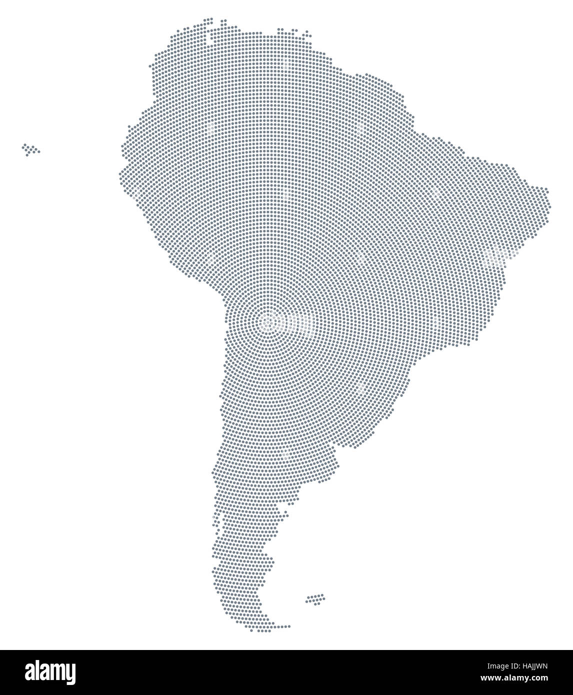 Südamerika-Karte radial Punktmuster. Graue Punkte gehen von der Mitte die Silhouetten des Kontinents bilden. Stockfoto