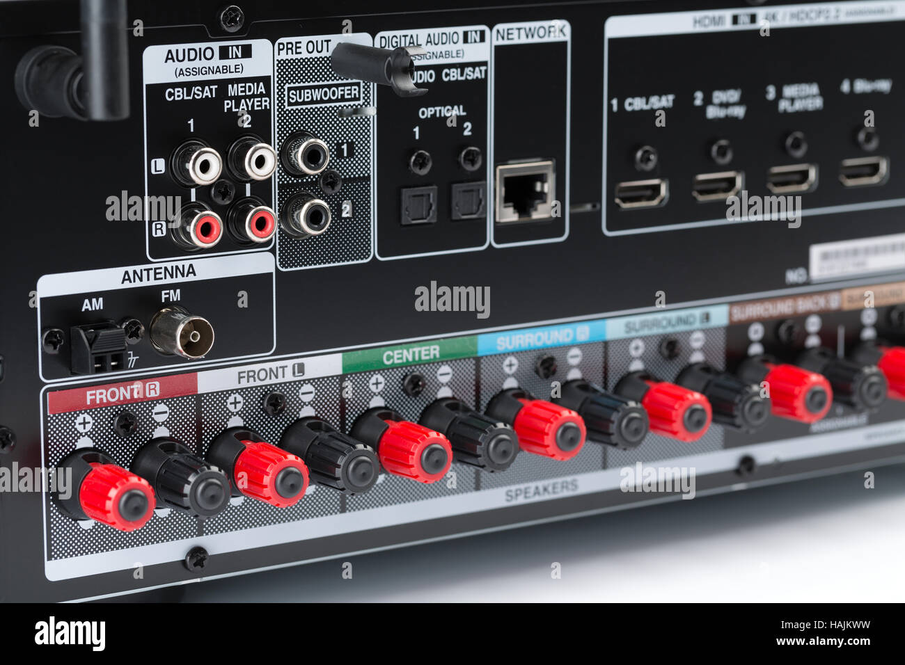 Nahaufnahme von hinten von einem AV-Receiver, zeigt die Lautsprecherklemmen, Component-Anschlüsse. Audio-Receiver, isolieren auf weißem Hintergrund, Studio Stockfoto
