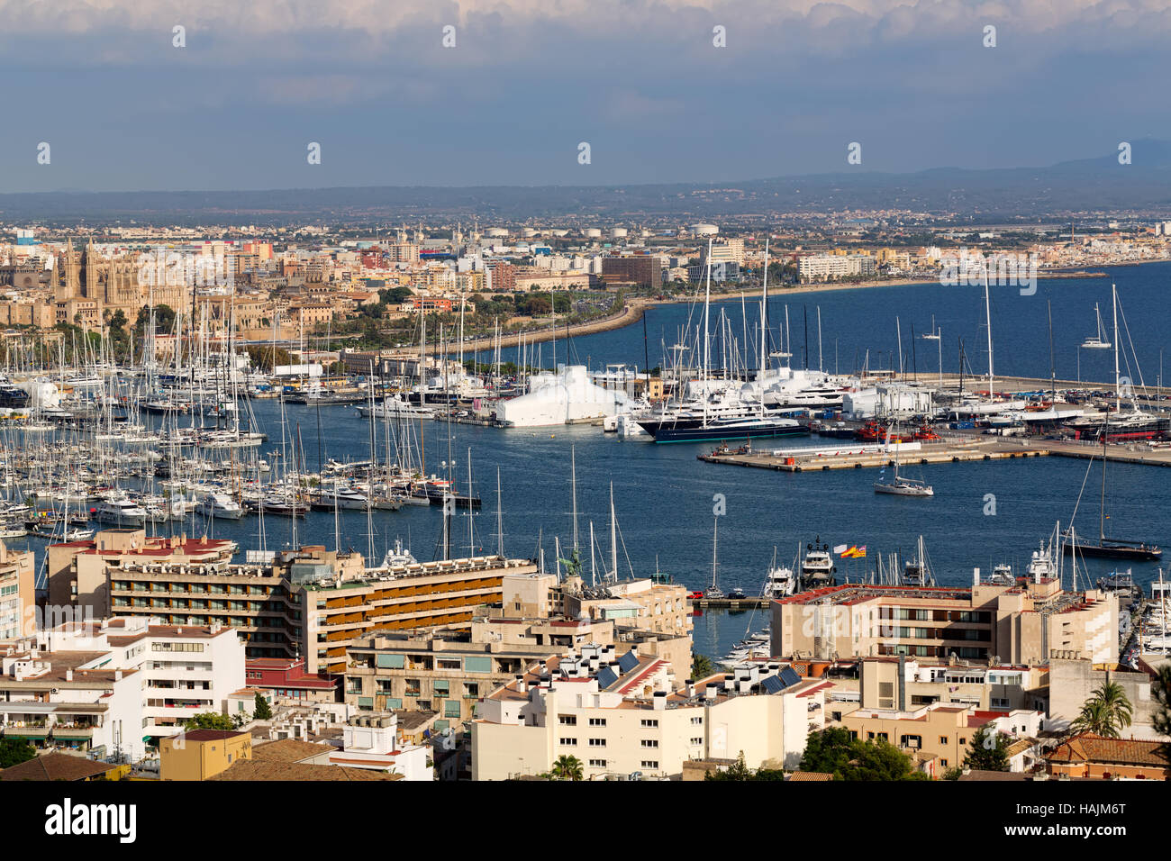 Blick auf den Hafen mit Yachten und der Stadt Palma De Mallorca Stockfoto