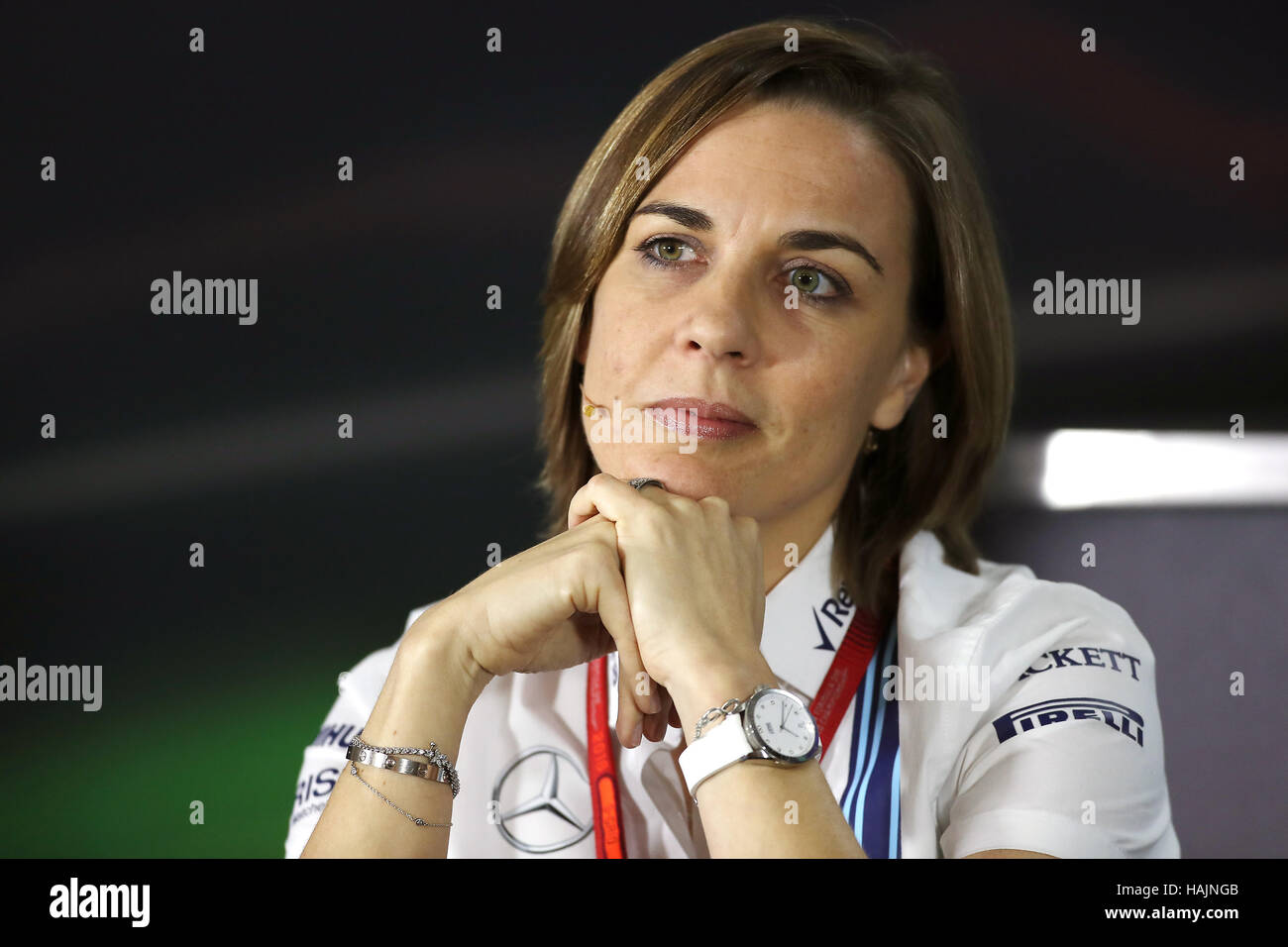 Claire Williams, die stellvertretende Teamsprinterin von Williams, während des Trainings auf dem Yas Marina Circuit, Abu Dhabi. DRÜCKEN SIE VERBANDSFOTO. Bilddatum: Freitag, 25. November 2016. Siehe PA Story AUTO Abu Dhabi. Bildnachweis sollte lauten: David Davies/PA Wire. Stockfoto