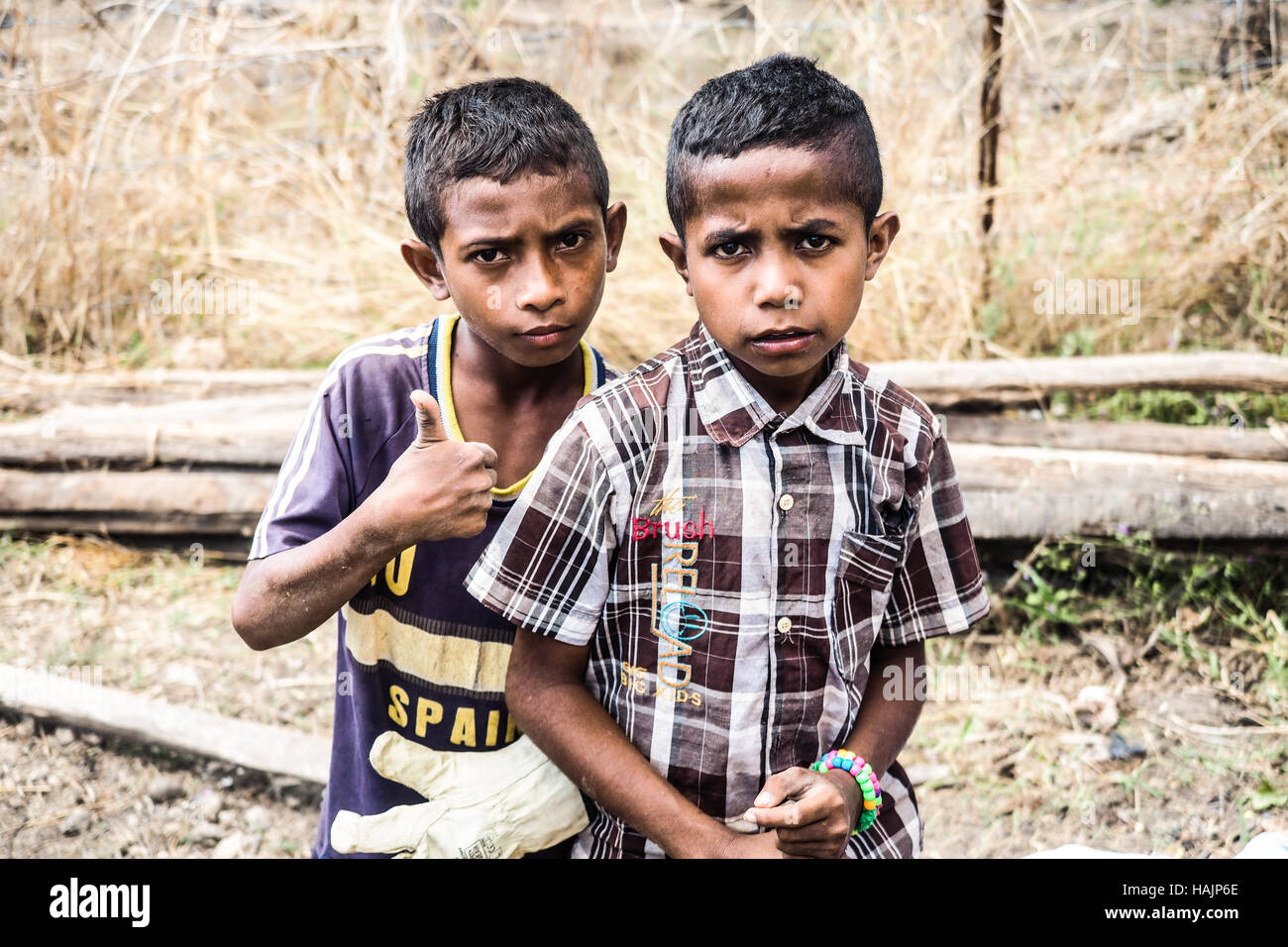 Zwei Alpha-Männchen in Buibau Schule, Baucau, Timor-Leste. Stockfoto