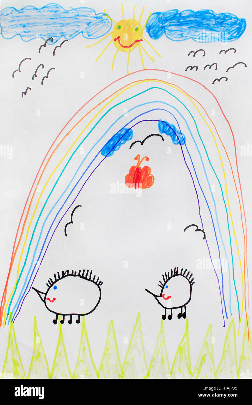 Kindliche Zeichnung des lustigen Regenbogen Igel Schmetterling und Sonne Stockfoto