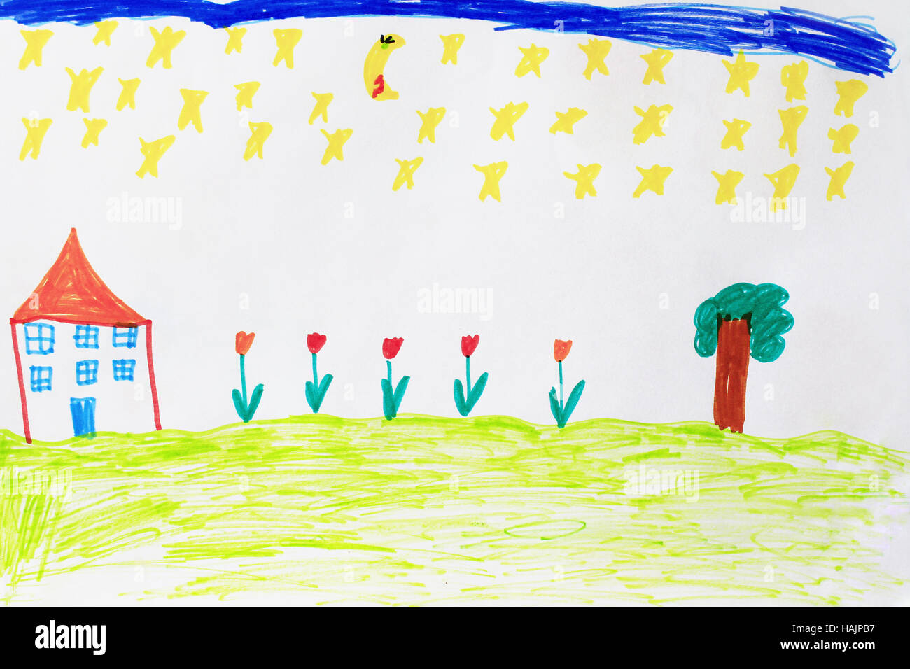 Kindisch farbige Zeichnung lustige Tulpen Haus und Baum Stockfoto