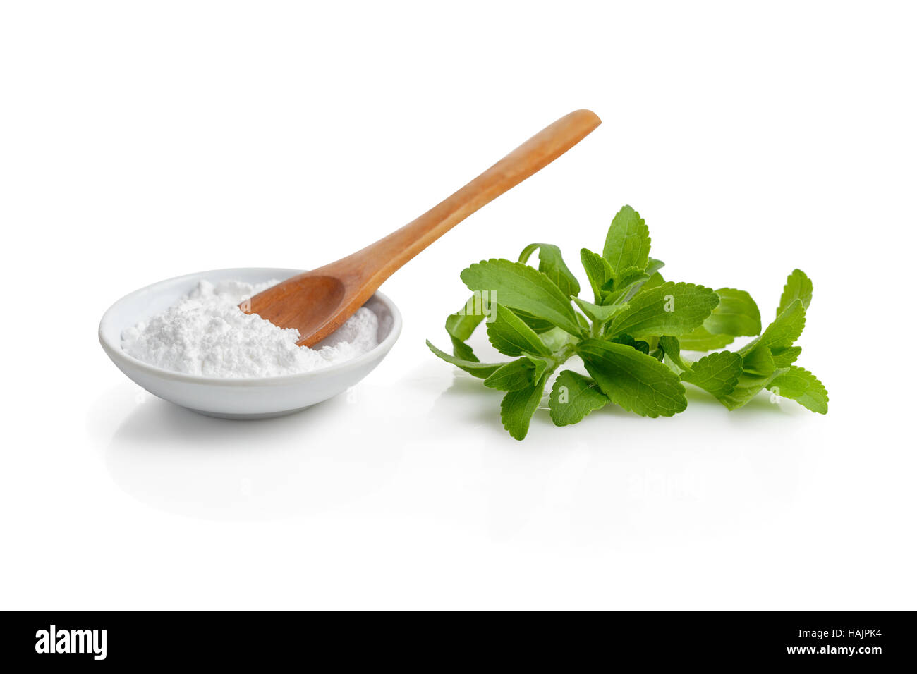 Stevia-Blätter und Pulver Stockfoto