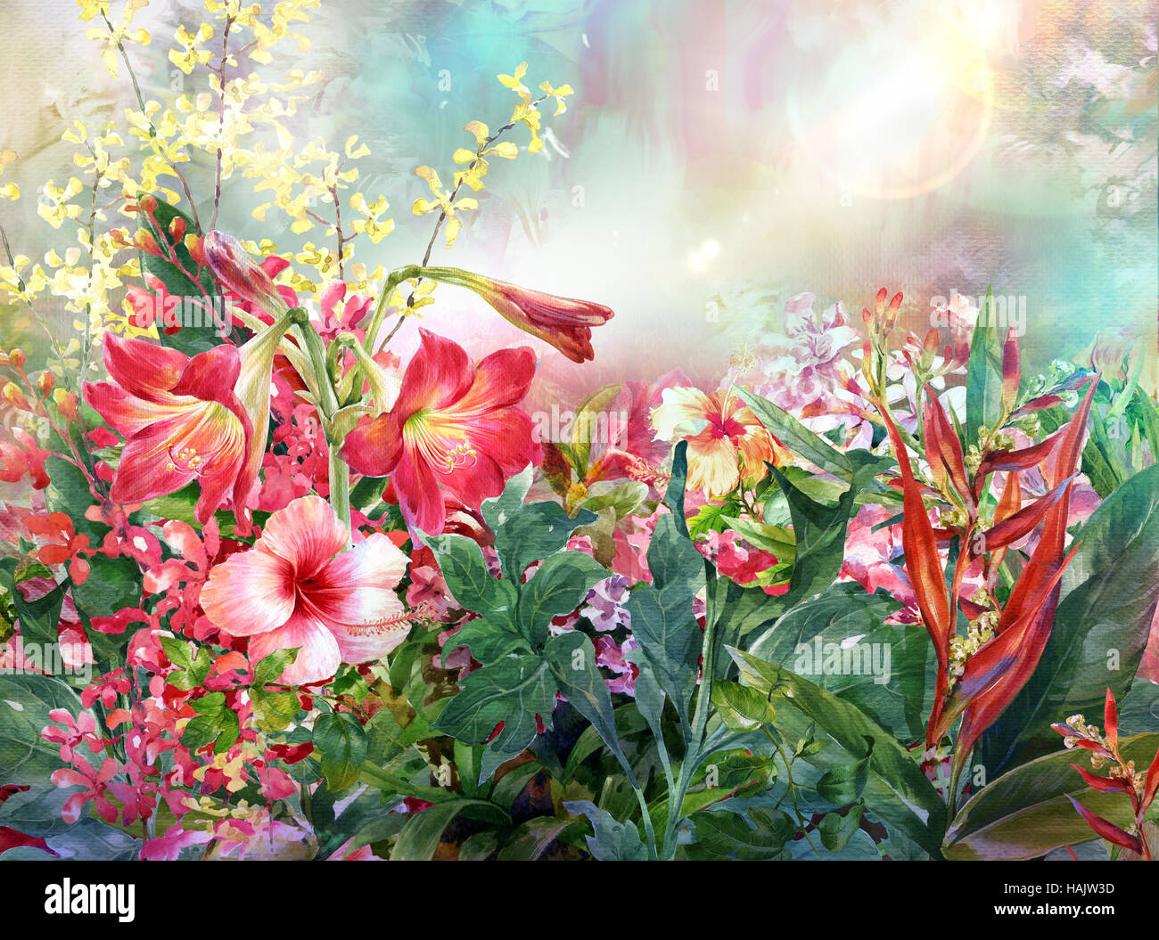 Abstrakte Aquarell Blumen. Bunte Frühlingsblumen Stockfoto