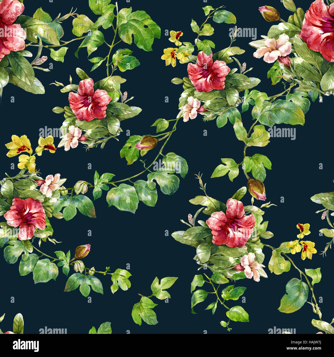 Aquarell von Blatt und Blumen, nahtlose Muster auf dunklem Hintergrund, Stockfoto