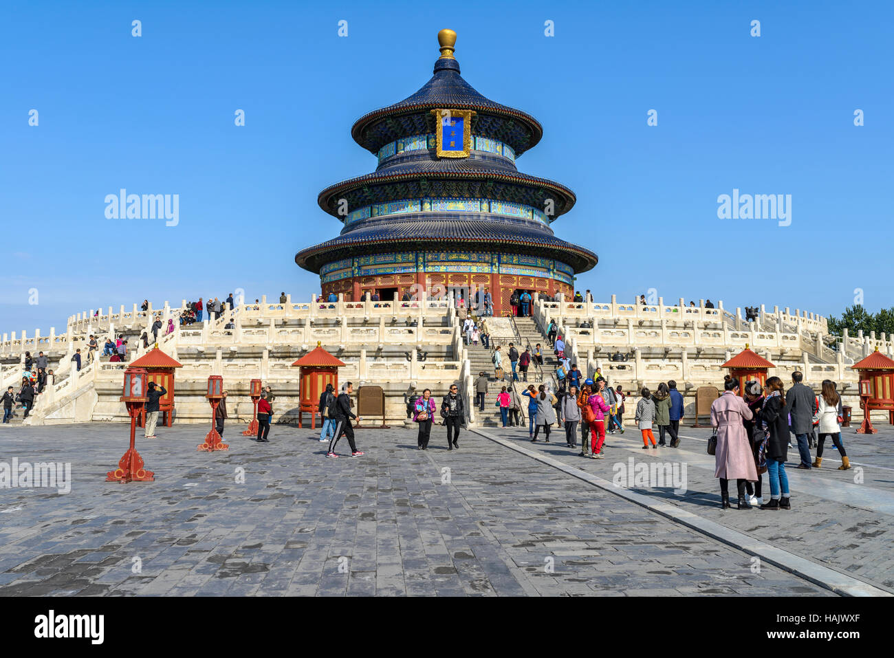 Tempel des Himmels - eine Frontansicht des Hall of Prayer für gute Ernten, die Hauptattraktion der Himmelstempel, Beijing, China. Stockfoto