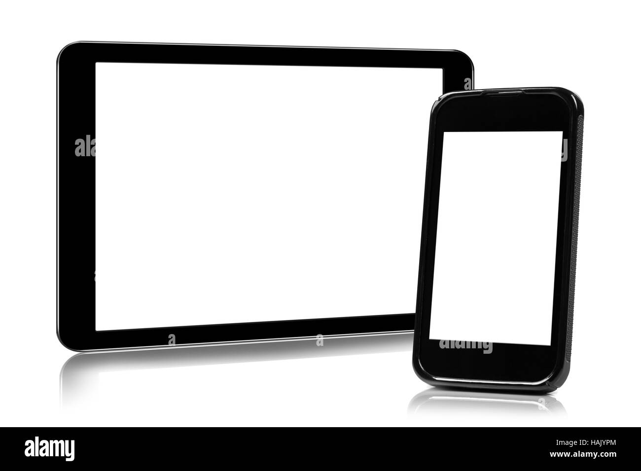 Digital-Tablette und Smartphone isoliert auf weiss Stockfoto