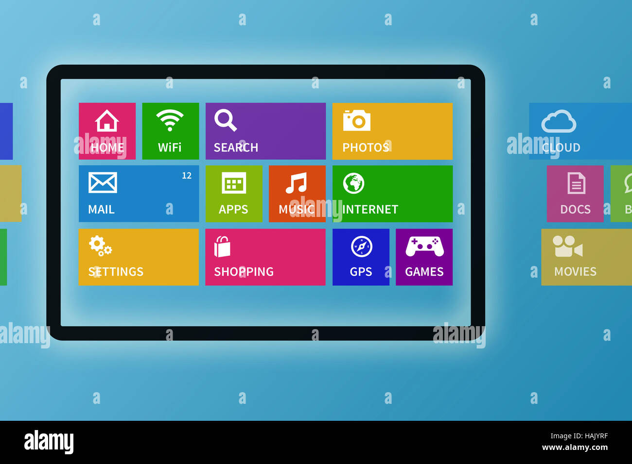 Abbildung von digital-Tablette mit bunten app-Symbole Stockfoto