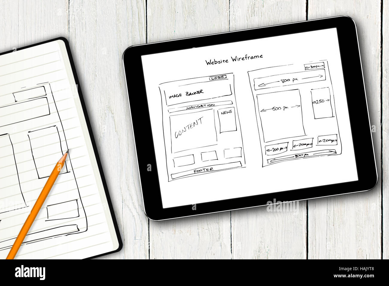 Website Wireframe Skizze auf digitale Tablet-Bildschirm Stockfoto