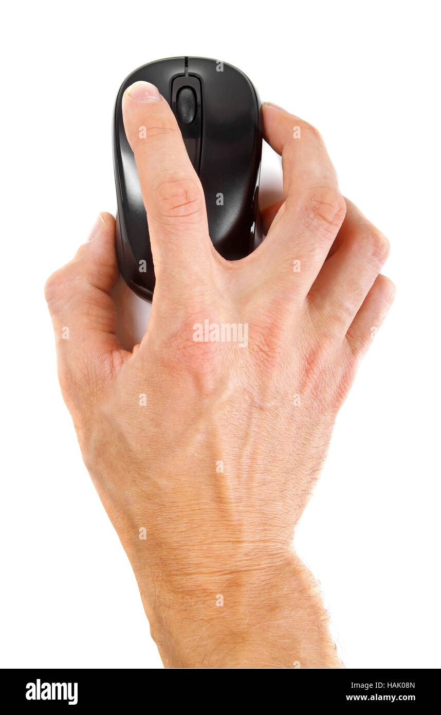 Hand mit Computer-Maus isoliert auf weiss Stockfoto