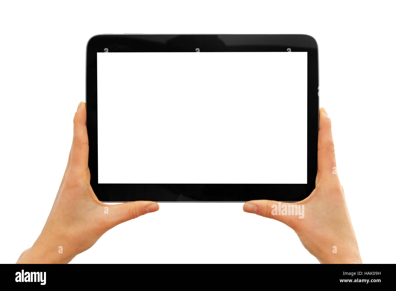 Hände halten leer digital-Tablette, isoliert auf weiss Stockfoto