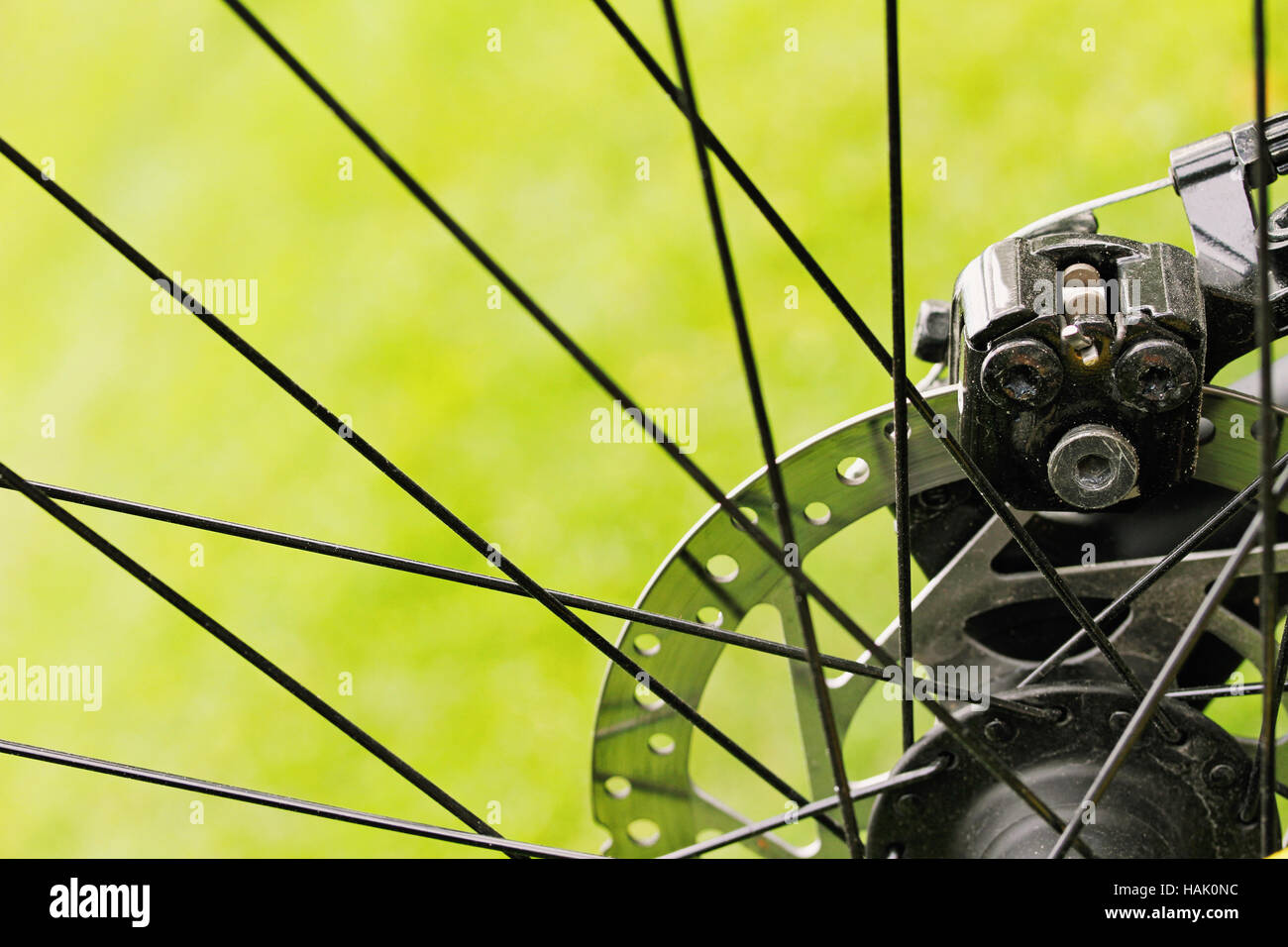 Nahaufnahme von Fahrrad Scheibenbremsen auf grünen Rasen Hintergrund Stockfoto