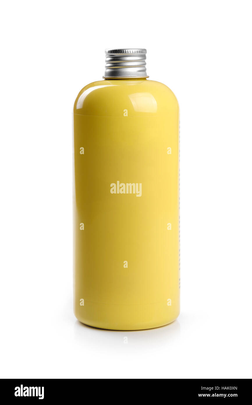 gelbe leere Shampoo Container isoliert auf weiss Stockfoto