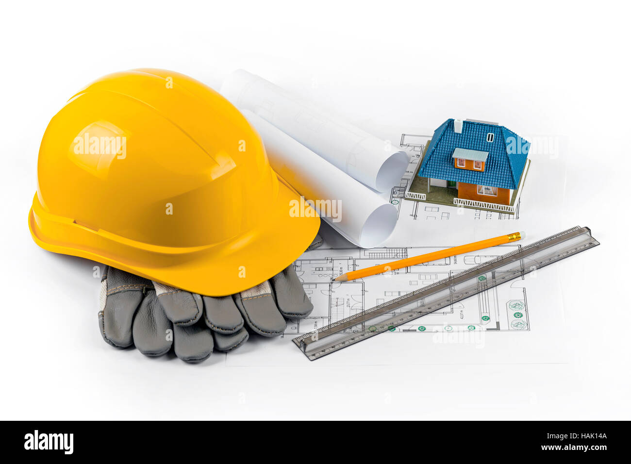 Haus Bau-Projekt - Werkzeuge und Geräte auf Blaupausen Stockfoto