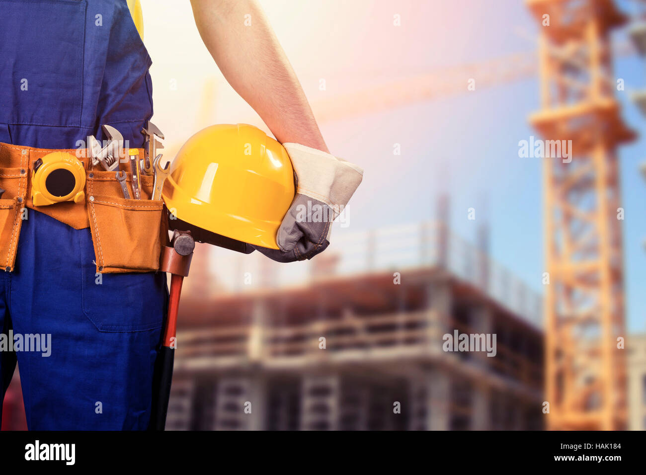Bauarbeiter auf der Baustelle mit Textfreiraum Stockfoto