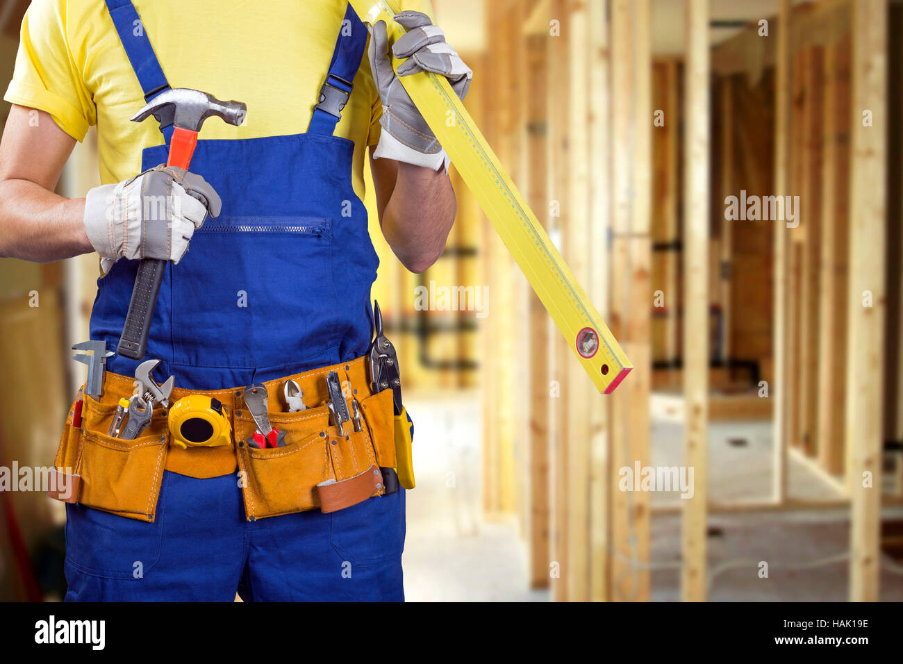 Bauarbeiter auf neue Haus Bauprozess mit Textfreiraum Stockfoto
