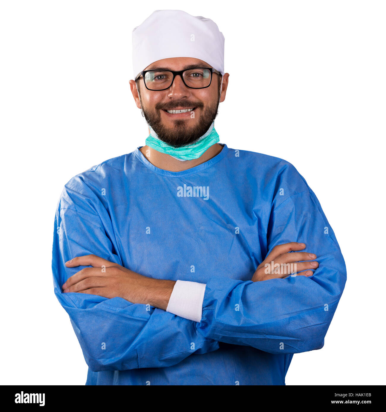 glücklich Arzt Chirurg isoliert auf weißem Hintergrund Stockfoto