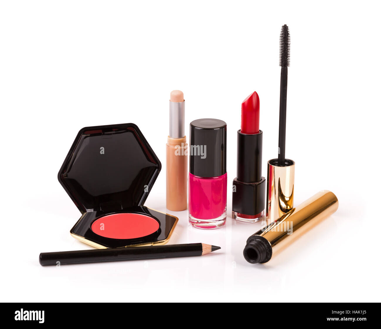 Gruppe von Make-up Accessoires isoliert auf weiss Stockfoto