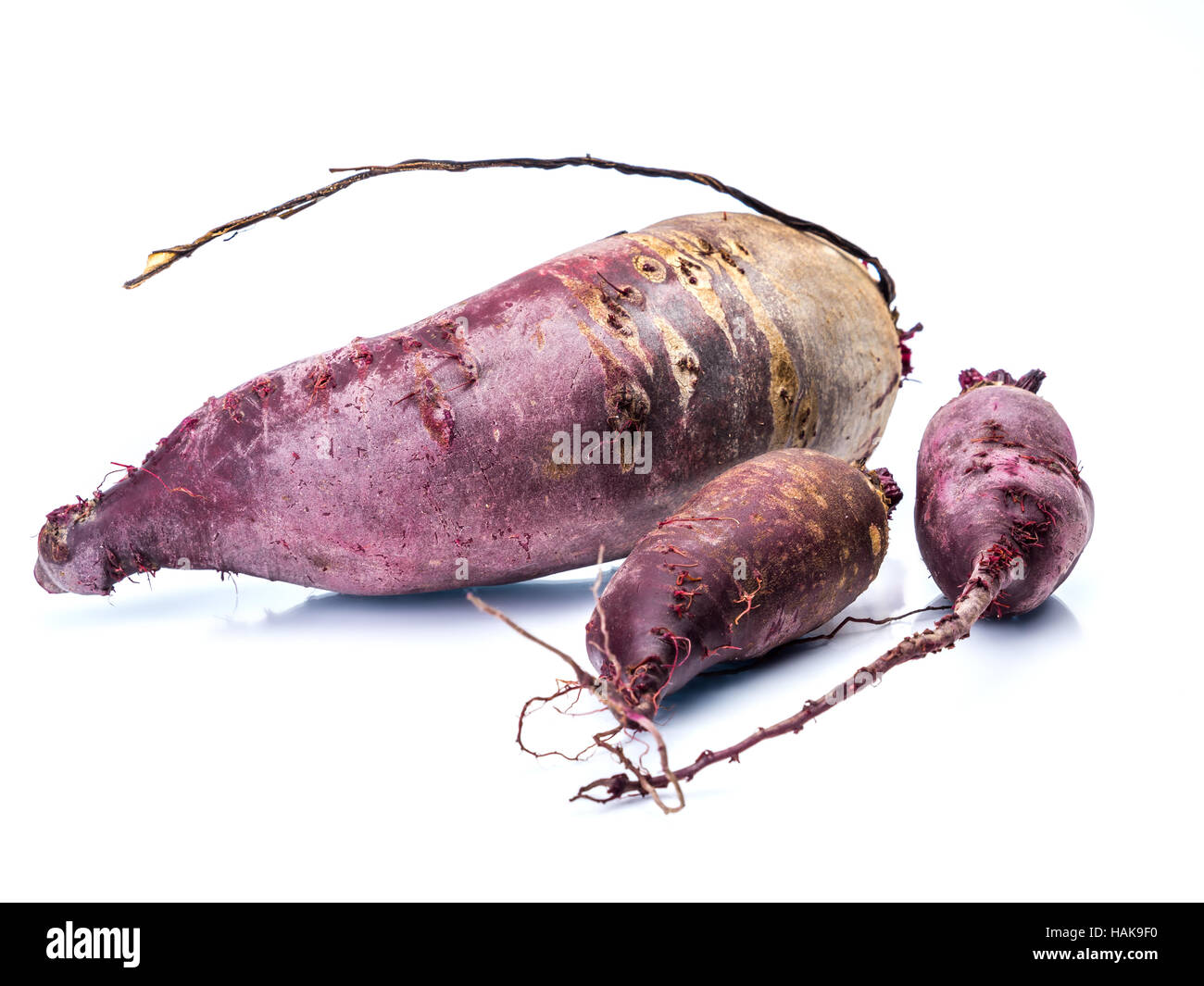Drei frische Bio rote Beete erschossen auf weiß Stockfoto