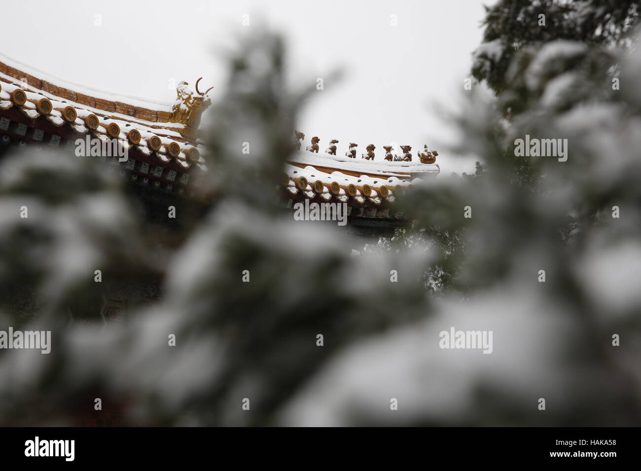 China, Peking. Schneebedeckte Forbidden City Palace Museum zum UNESCO-Weltkulturerbe Stockfoto