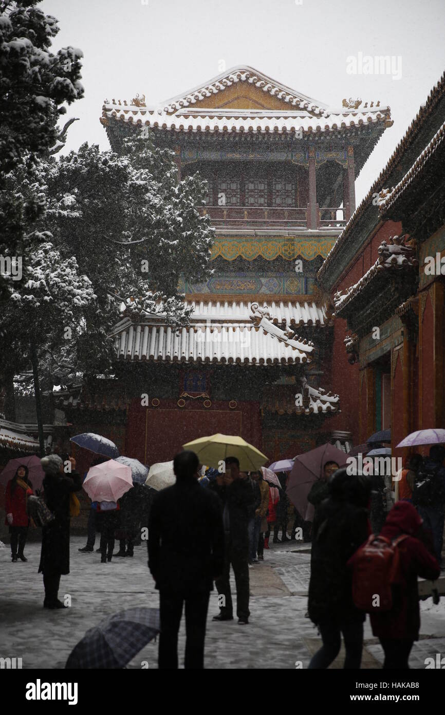 Schneebedeckte Palast Dach, Verbotene Stadt, Peking, China Stockfoto
