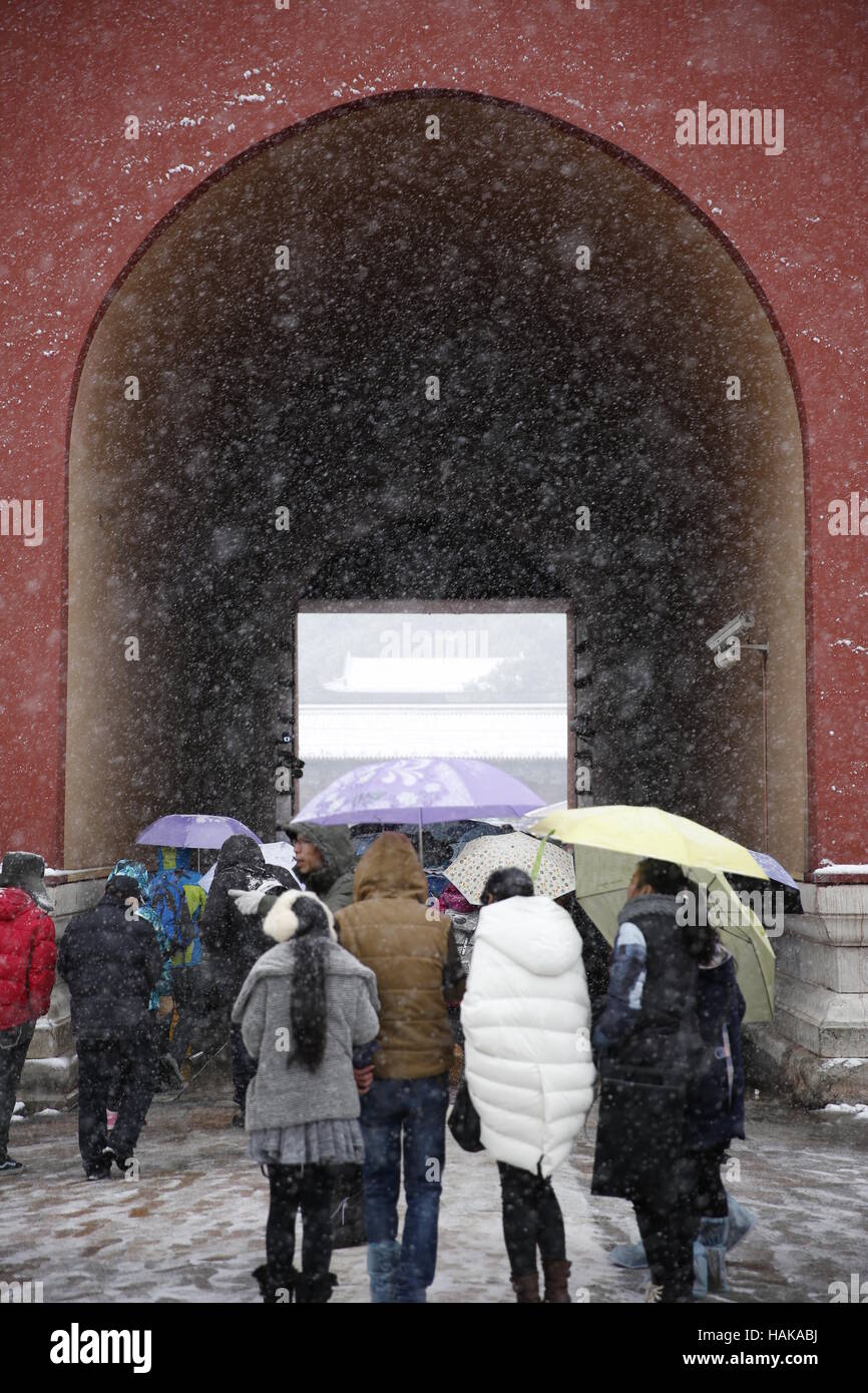 Die Verbotene Stadt nach einem Schneefall Peking China Stockfoto
