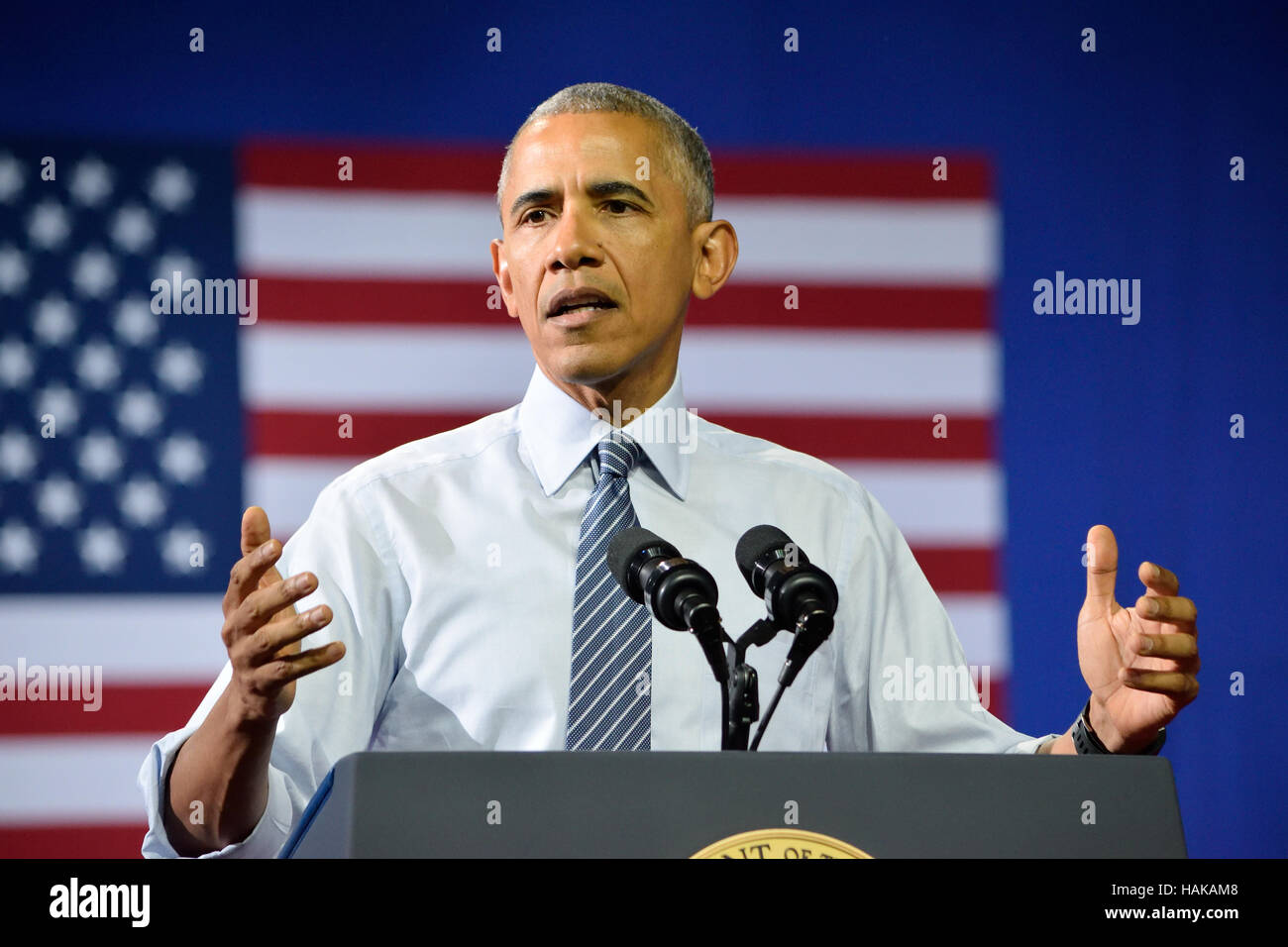 Barack Obama, Präsident der Vereinigten Staaten. Ein Ausdruck des Alarms. Stockfoto
