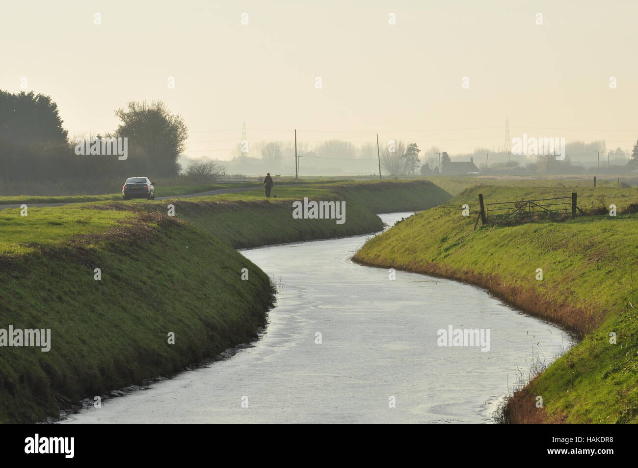 Blick nach Westen von Ordnance Survey Gitter 553112 auf Kiesbank, Norfolk Fens, England UK Stockfoto