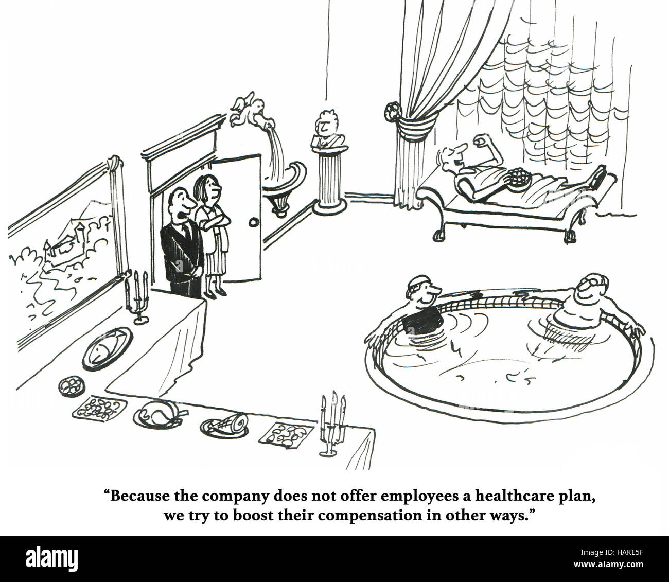 Schwarz / weiß Gesundheit Zeichentrickfilm über ein Unternehmen, das Gesundheitswesen Prämien für seine Mitarbeiter nicht leisten kann. Stockfoto