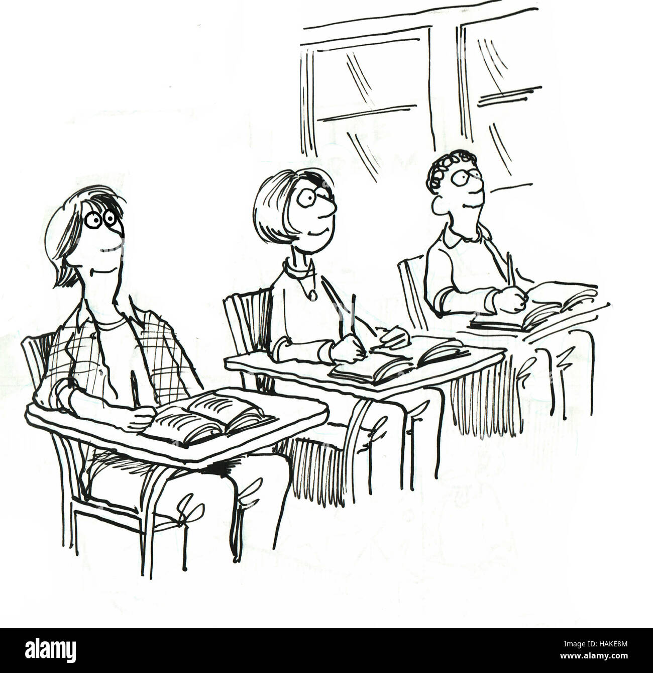 Schwarz / weiß Bildung Illustration drei lächelnden Studenten sitzen in der Klasse. Stockfoto