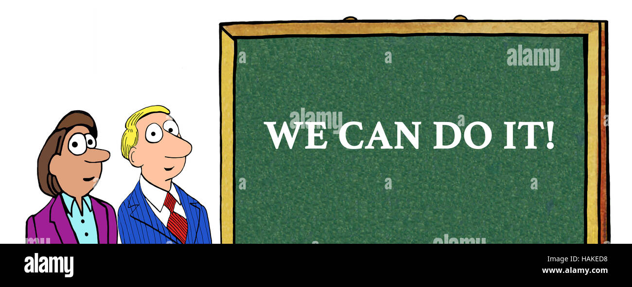 Farbe Geschäft Abbildung von zwei Geschäftsleuten mit den Worten "Wir können es tun". Stockfoto