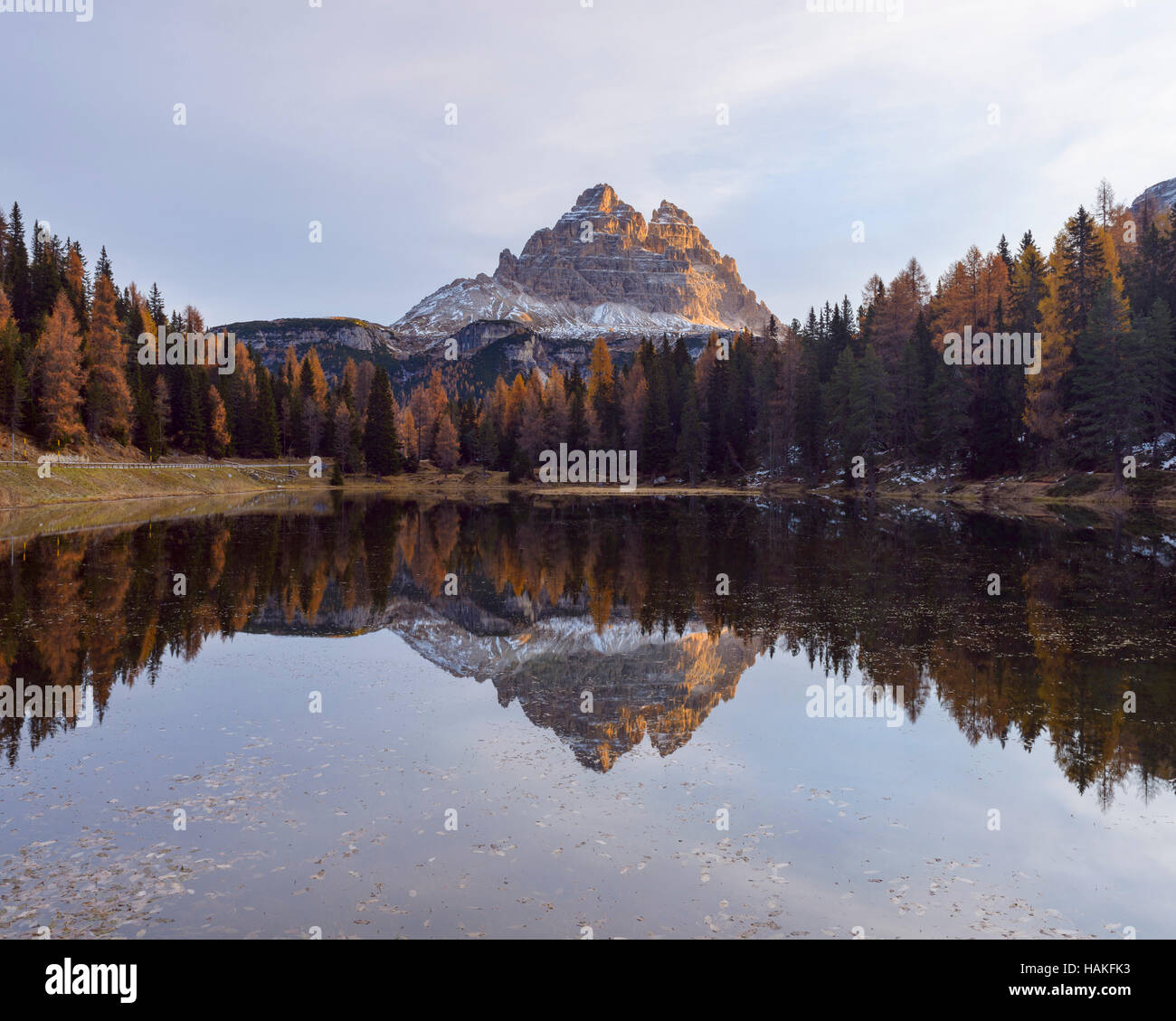 Tre Cime di Lavaredo spiegelt sich in Lago d'Antorno bei Sunrise, Misurina, Cadore, Belluno Bezirk, Veneto, Dolomiten, Italien Stockfoto