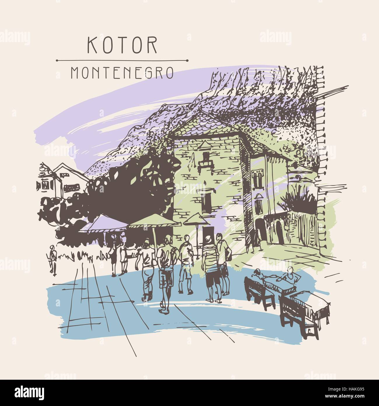 Zeichnung von Kotor Straße - Sehenswürdigkeit in Sepia Originalskizze Stock Vektor