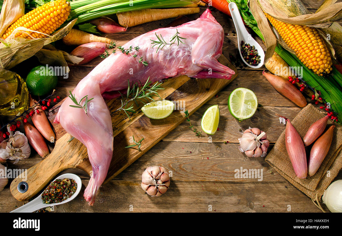 Rohe ganzes Kaninchen mit Gemüse und Gewürzen auf einem dunklen Hintergrund rustikal. Flach zu legen Stockfoto