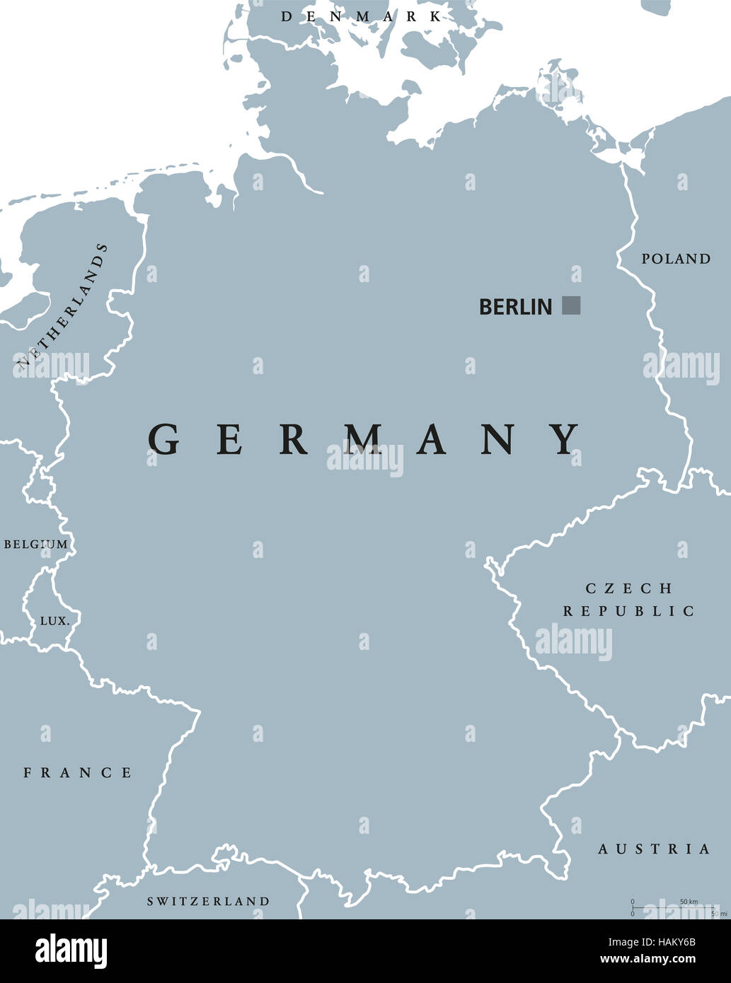 Politische Karte mit Hauptstadt Berlin, nationale Grenzen und Nachbarländern. Graue Abbildung mit englischer Beschriftung. Stockfoto