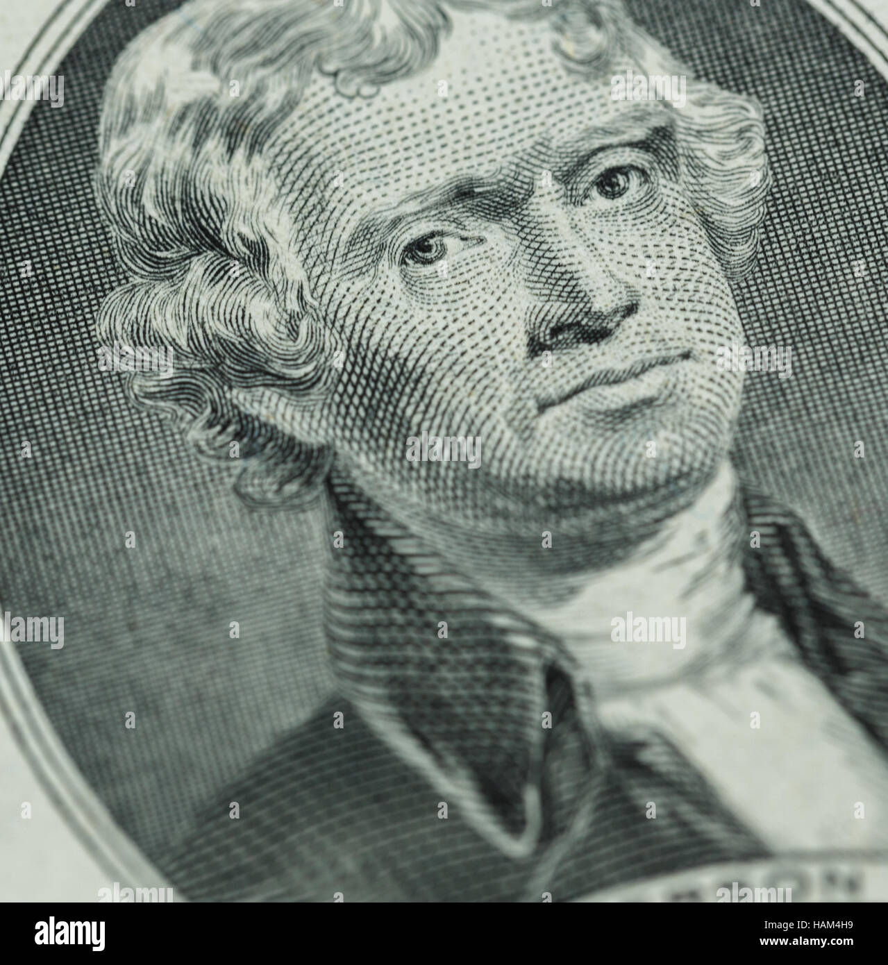 Präsident Thomas Jefferson stehen uns zwei Dollar Bill Nahaufnahme Makro, USA Geld Stockfoto