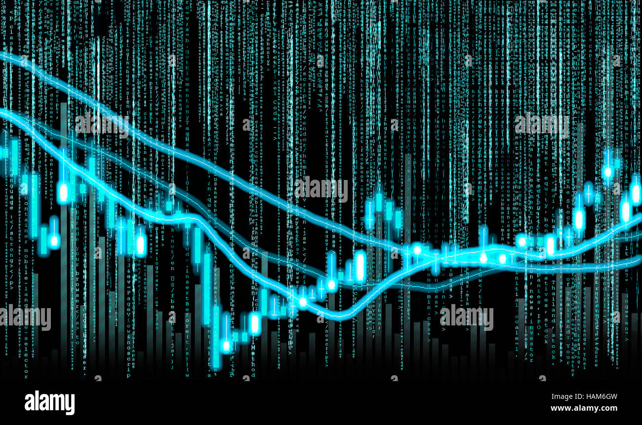 Finanzielle Börsendaten. Candle Stick Graph-Diagramm der Börse auf Daten fließen Hintergrund, Börse Daten Graph-Diagramm auf LED-Konzept Stockfoto