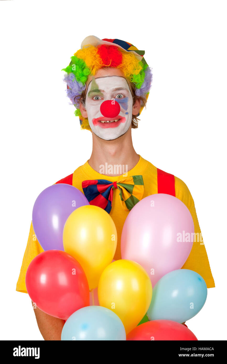 Bunte Clown mit Luftballons isoliert auf weißem Hintergrund ...