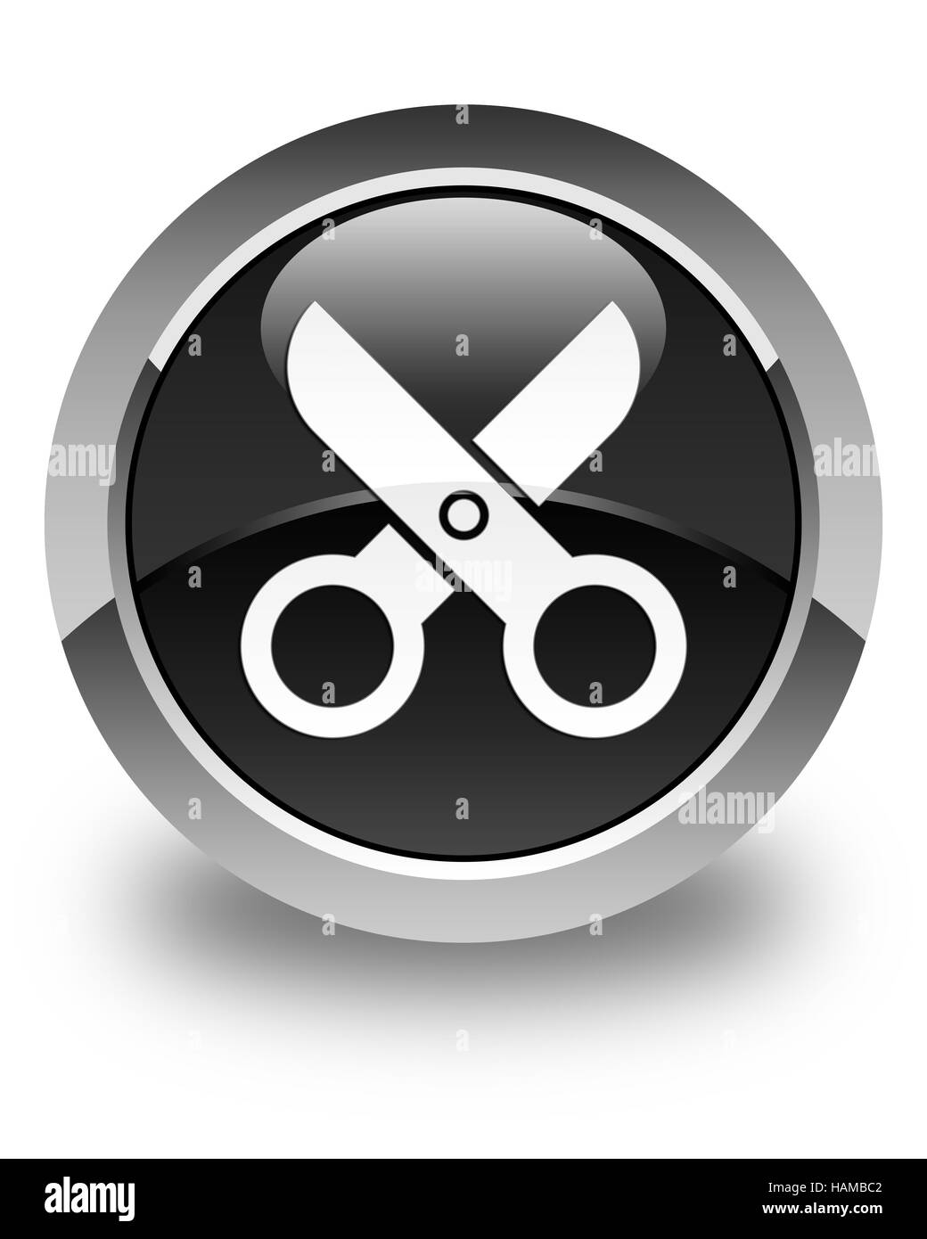 Scheren-Symbol isoliert auf abstrakte Darstellung glänzend schwarzen runden Knopf Stockfoto