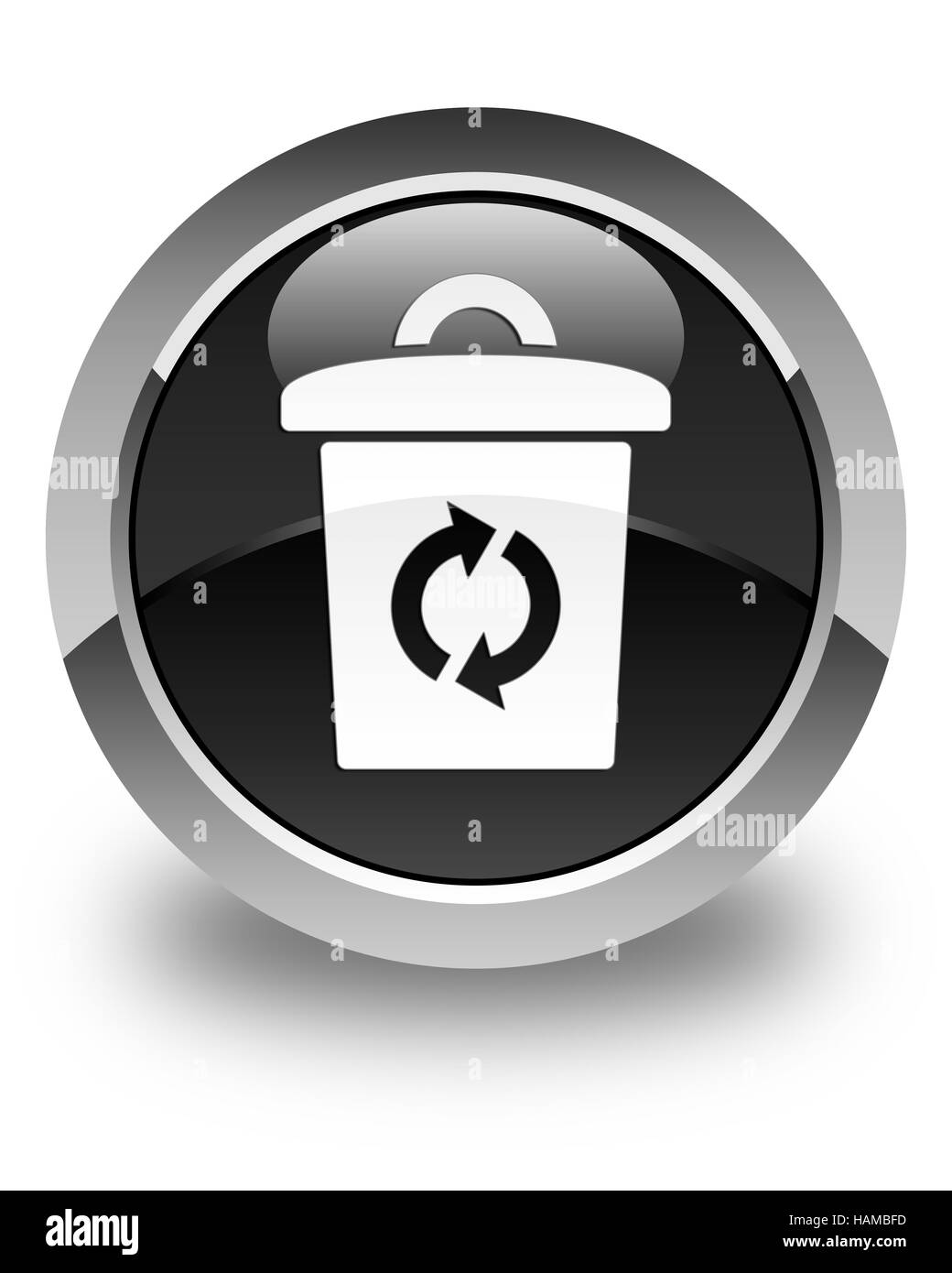 Papierkorb-Symbol isoliert auf Hochglanz Schwarz Runde Taste abstrakte Abbildung Stockfoto