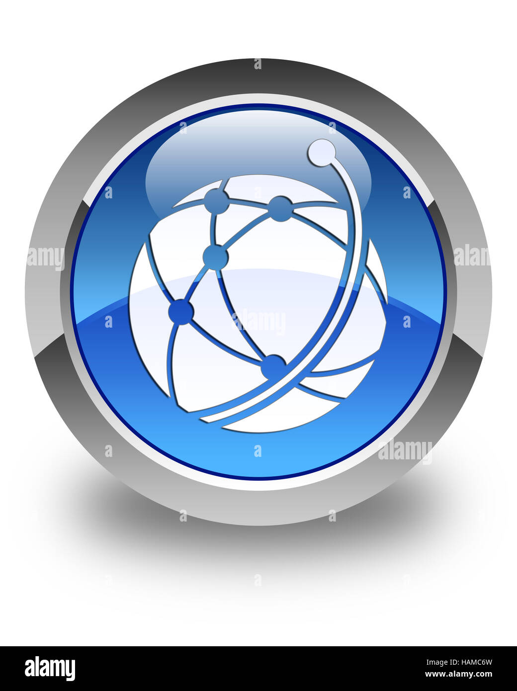 Globales Netzwerksymbol isoliert auf glänzende blaue Runde Taste abstrakte Abbildung Stockfoto